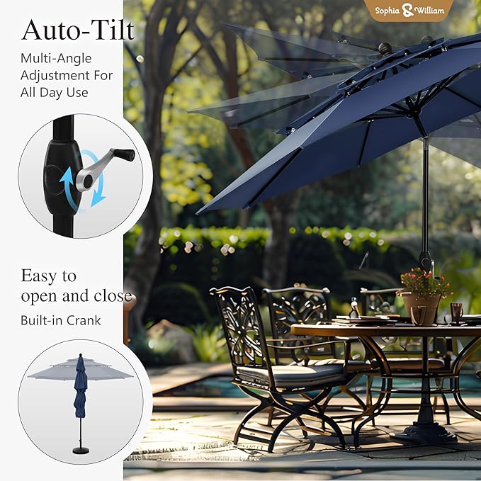 Sophia & William 10ft 3 Tier Auto-tilt Patio Umbrella,Wind Resistent,Outdoor Patio Umbrellas Double Vented Umbrella with Crank for Pool Garden Backyard, Navy
