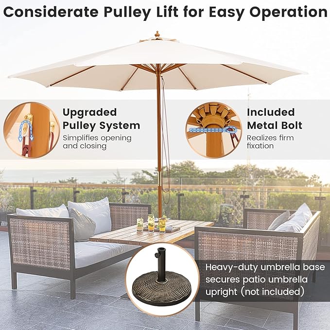 Tangkula 10FT Patio Umbrella, Outdoor Table Market Umbrella w/8 Wooden Ribs, 3 Adjustable Heights, Rope Pulley System, Detachable Pole, Wooden Patio Umbrella for Garden, Poolside, Backyard (Beige)