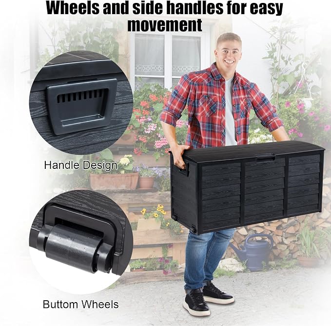 75-Gallon Resin Deck Storage Box – Outdoor Patio Container with Side Handles, Lockable Design for Furniture Cushions, Pool Gear & Garden Tools