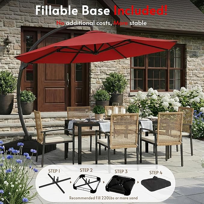 11FT Cantilever Patio Umbrella with Base Included, Large Cantilever umbrella with 360°Rotation, Heavy-Duty Offset Outdoor Umbrella for Patio,Pool,Garden and Backyard (Red)