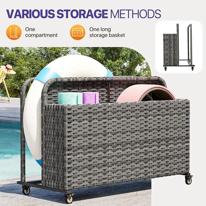 Poolside Deck Box, Poolside Storage Organizer With Pe Rattan Wicker Basket, For Floats & Accessories, Galvanized Frame With Locking Wheels