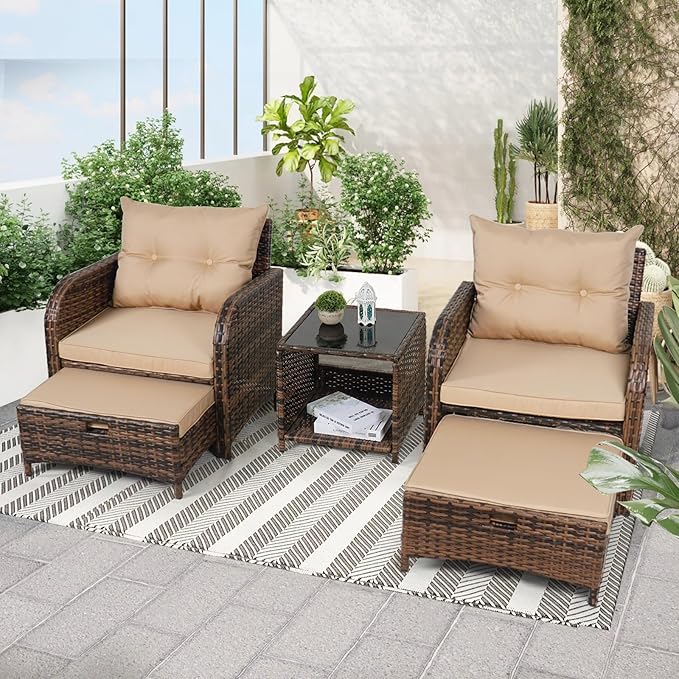 5 Pieces Outdoor Patio Chairs with Ottomans, PE Wicker Rattan Outdoor Furniture w/Footstool Sets, Front Porch Furniture Set, Wicker Patio Conversation Sets for Garden Lawn Balcony(Beige)