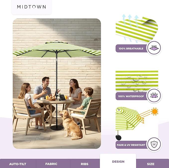 Midtown Umbrellas The Lean 8 Feet Outdoor Umbrella With Terylast Pear Stripes (Green/White Stripes) Polyester Fabric - Auto-Tilt Aluminum Frame Patio Umbrella For Deck, Garden, Pool - Black Pole