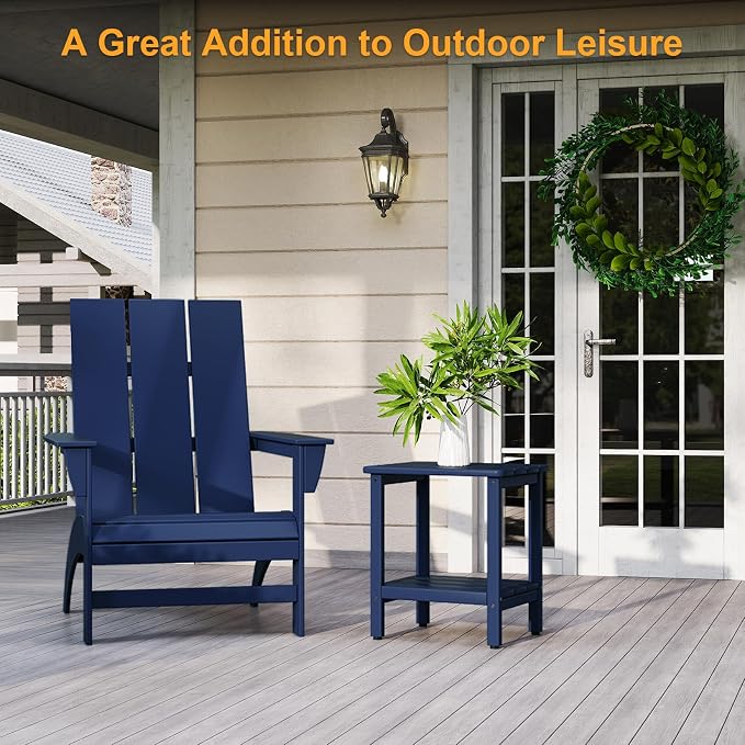Outdoor Side Table, Small Square Patio Side Table with Adjustable Feet, All-Weather HDPE Adirondack End Tables for Porch Deck Balcony Pool, 2-Tier Storage, Easy Maintenance, Navy Blue