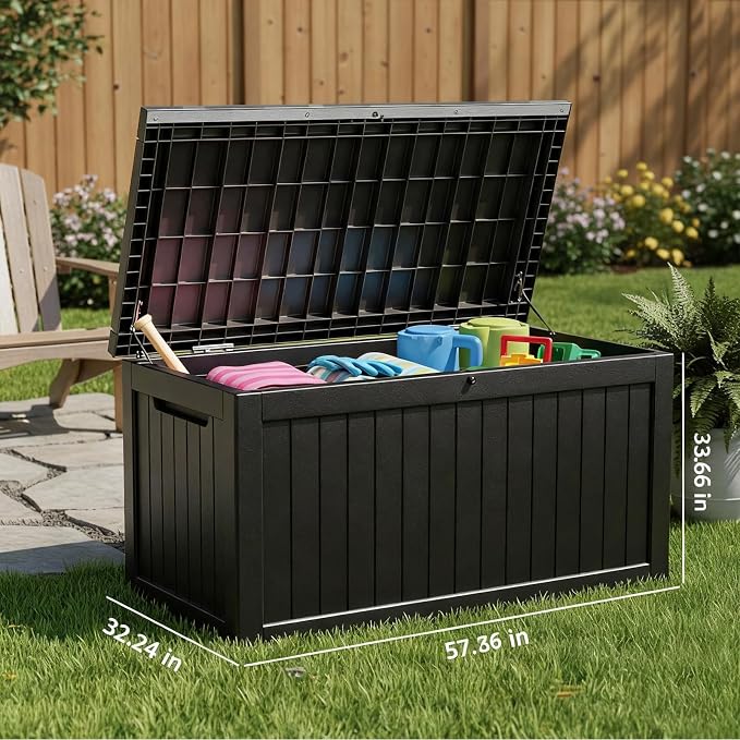 269 Gallon Large Outdoor Storage Box, Waterproof Deck Box with Lockable Lid, Resin Outside Storage Box for Patio Furniture, Pool Accessories, Garden Tools, Storage Bench for Backyard, Porch, Black