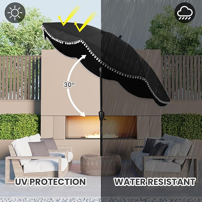 9' Patio Umbrella with Black Canopy and White Fringe Accents, Black Frame Market Umbrella for Patio, Deck, and Backyard by Sun-Ray