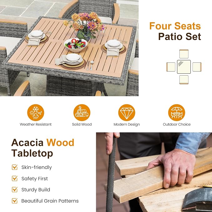 Wisteria Lane Patio Dining Sets for 12, All Weather Rattan Outdoor Table and Chairs with Acacia Wood Tabletop, Patio Dining Furniture with Removable Cushions for Deck Garden, Backyard, Gray