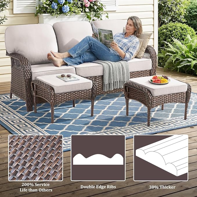 Patio Furniture Set, All Weather 3 PCS Wicker Outdoor Small Sectional Set, 5" Thick Rattan Conversation Set with 3-seat Sofa and Ottoman for Lawn, Garden, Beige/Brown Wicker