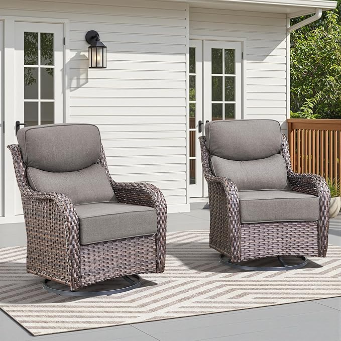 Luxury Wicker Patio Furniture Set-High Back Outdoor Swivel Chairs Set of 2 with 6" Thick Cushions Wide Armrest All Weather Patio Conversation Sets for Deck Porch Balcony(Brown/Grey)