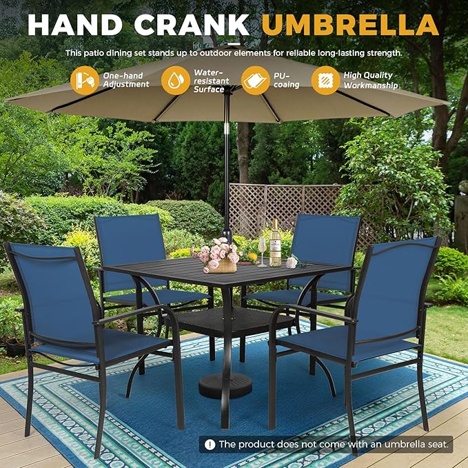 Incbruce 6 Pieces Patio Dining Set with Brown Umbrella, Outdoor Dining Set of 4 Textilene Chairs and Square Table with Umbrella Hole for Backyard, Garden, and Poolside (Blue)