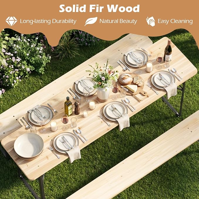 COSTWAY Folding Wood Picnic Table, Foldable Long Narrow Picnic Table with Benches Set for 4-6 People, Wooden Beer Table Metal Frame for Outdoor BBQ Party, Garden, Backyard