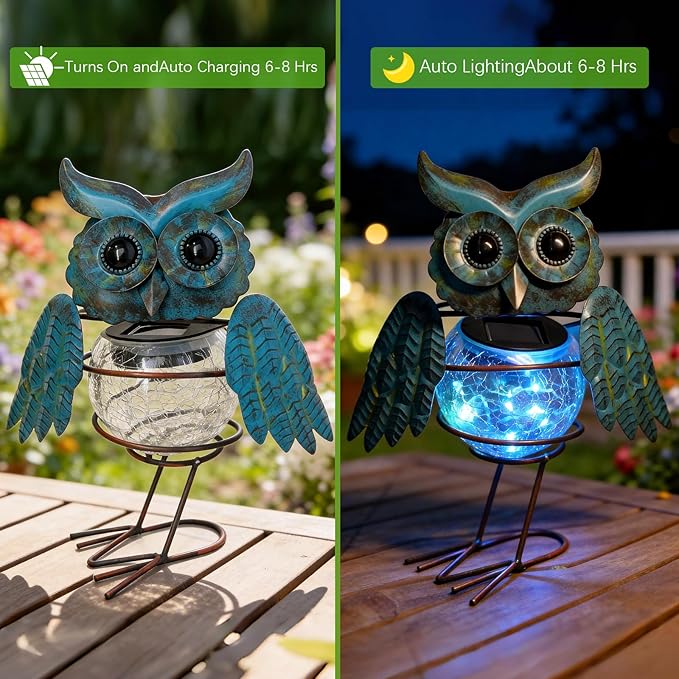 HONGLAND Solar Lights Outdoor Garden Owl Decor, Vibrant Blue Owl Solar Light Outdoor Waterproof with Glowing Crackle Glass Globe, Metal Yard Art Statue for Lawn Porch Patio Outside Garden Decor Gifts