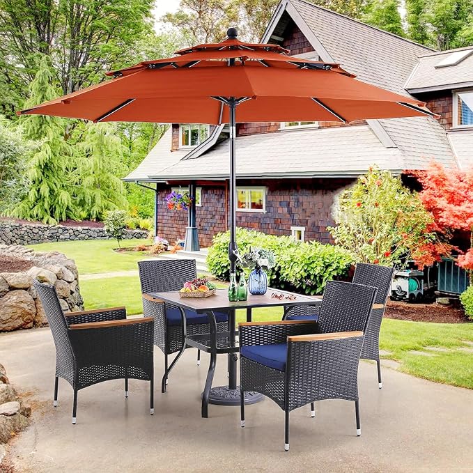 PHI VILLA 5pc Patio Dining Set with Umbrella, Square Table, Rattan Chairs | 37" Wood-like Metal Table, Cushioned PE Rattan chairs, 10ft Red 3 Tier Auto-tilt Umbrella (Base Not Included)