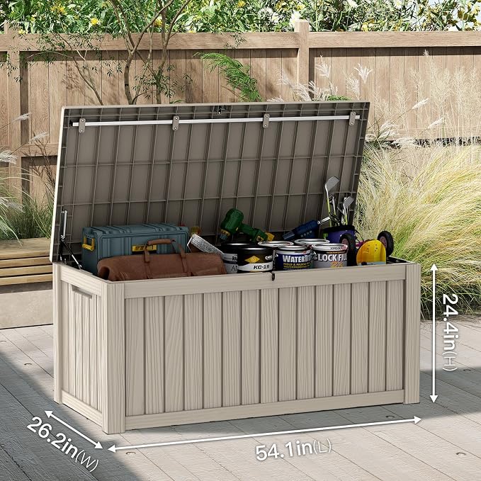 Mars Villa 120 Gallon Outdoor Storage Box, Resin Deck Box Waterproof for Patio Furniture Cushions, Pool Supplies, Gardening Tools, Weatherproof and UV Resistant, Grey
