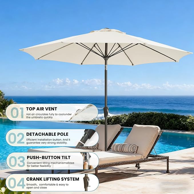 9FT Outdoor Patio Umbrella Outdoor pool Umbrella with Push Button Tilt and Crank, Market Umbrella 8 Sturdy Ribs UV Protection for Garden, Deck, Backyard (White)