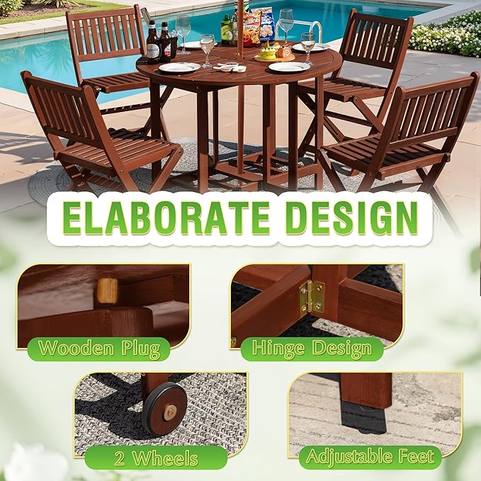 Greesum 5 Piece Patio Dining Set Outdoor Acacia Wood Furniture All-Weather Folding Round Table and Chairs for Backyard, Balcony, Porch, Deck, Garden, Dark Brown
