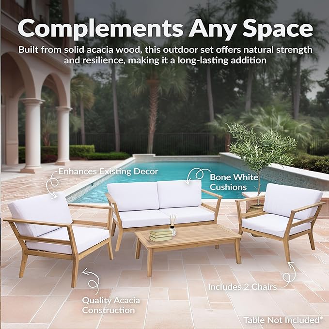 Sunnydaze 3-Piece Outdoor Patio Furniture Set - Bodie Acacia Wood Patio Conversation Set - Outdoor Seating with Cushions - Bone White