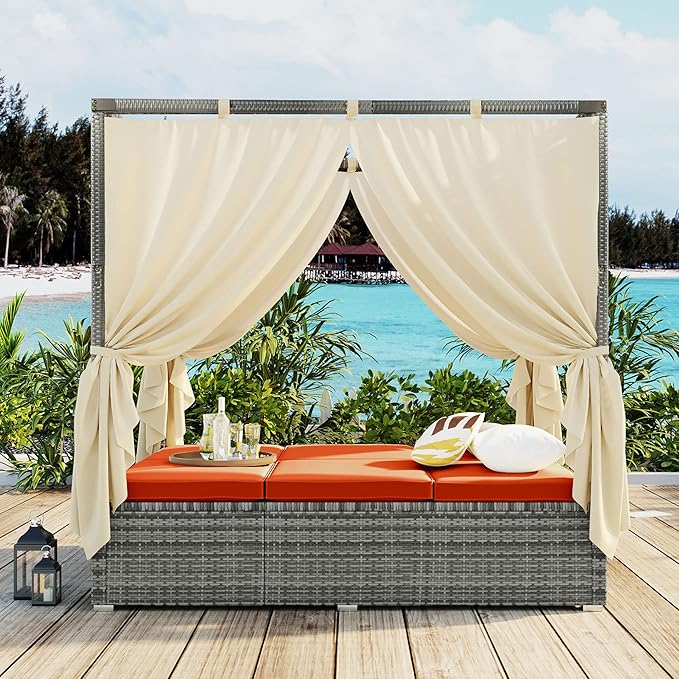 KEVINSPACE Outdoor Daybed with Curtain Canopy Bed Patio Furniture Adjustable Sunbed Set All-Weather Rattan Sun Lounger Patio Wicker Sofa Set Patio Conversation Set Curtains for Garden Yard Orange