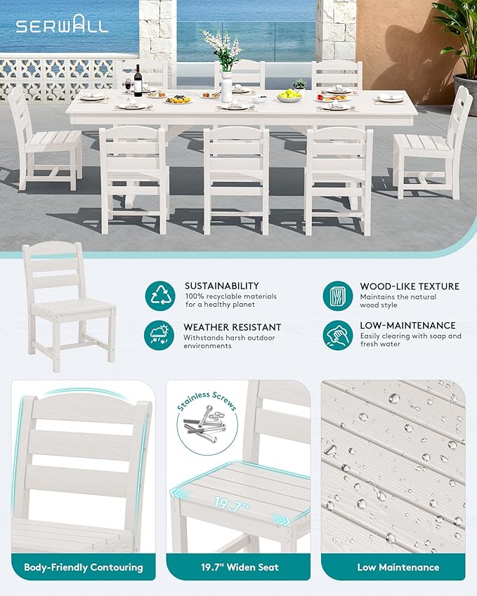 SERWALL 9 Piece Outdoor Dining Set, 84" HDPE Outdoor Table and Armless Chairs Set for 8，All Weather Patio Furniture Set with Umbrella Hole for Backyard, Garden, White