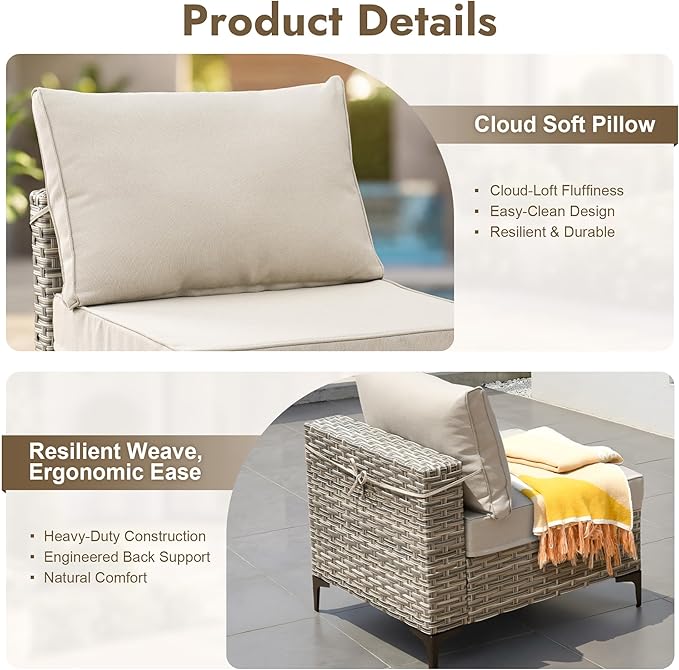 6 Pieces Patio Furniture Set with 42" Fire Pit, All-Weather Rattan Outdoor Sectional Conversation Sets L Shaped Sofas with Solar Light Coffee Table for Porch Balcony Backyard Beige