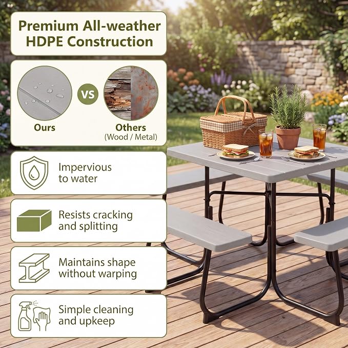 GYMAX Picnic Table Bench with Umbrella Hole, 8 Person Square Outdoor Picnic Table with Metal Frame & HDPE Tabletop, Camping Table for BBQ Yard Patio, 2300LBS Capacity (Gray)