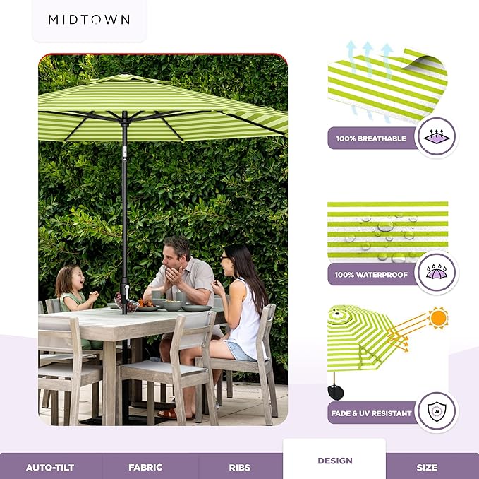 The Swilt 9 Feet Outdoor Umbrella With Terylast Pear Stripes (Green/White) Polyester Fabric - Fiberglass Ribs, Auto-Tilt And Swivel Aluminum Frame Patio Umbrella For Deck, Garden, Pool - Black Pole