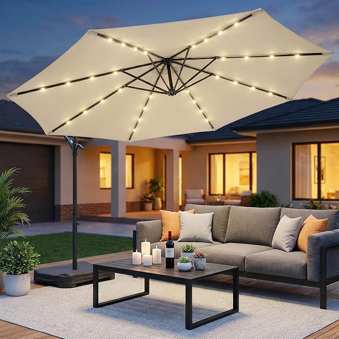 OLILAWN 10 feet Solar LED Patio Umbrella with Base, 32 LED Lighted Outdoor Offset Cantilever Umbrella with Sturdy 8 Rids, Infinite Tilt, 360 Degree Rotation, for Pool Deck Porch Backyard Garden, Isabelline
