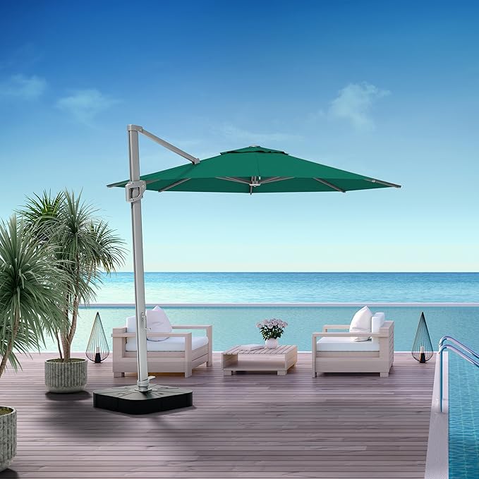 Midtown Umbrellas 10 Ft Outdoor Cantilever Patio Umbrella w/Sunbrella Canvas Teal Fabric - 360° Rotate Offset Patio Umbrella, Deck Patio Umbrella, Backyard Umbrella & Garden Umbrella - Silver Frame