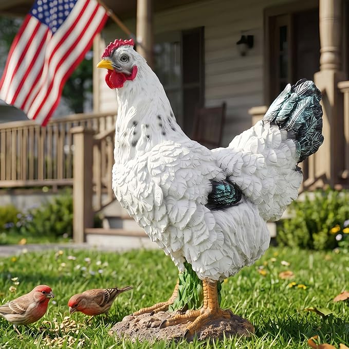 13.4" Realistic Chicken Yard Art - Rustic Outdoor Chicken Statues, Funny Farm Sculpture, Garden Chicken Decor, Fence Decoration, Hand-Painted Resin Figurines for Patio & Backyard