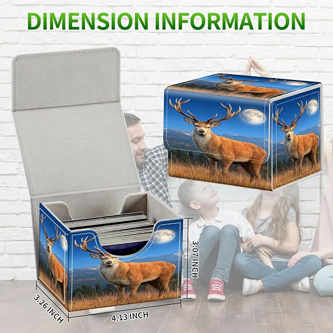 Card Deck Box for MTG, Cards Storage Box Fits 120+ Sleeved, Leather Small Size Strong Magnetic Closing Card Case for Board Games Magic TCG CCG Baseball Collection, Grassland Deer