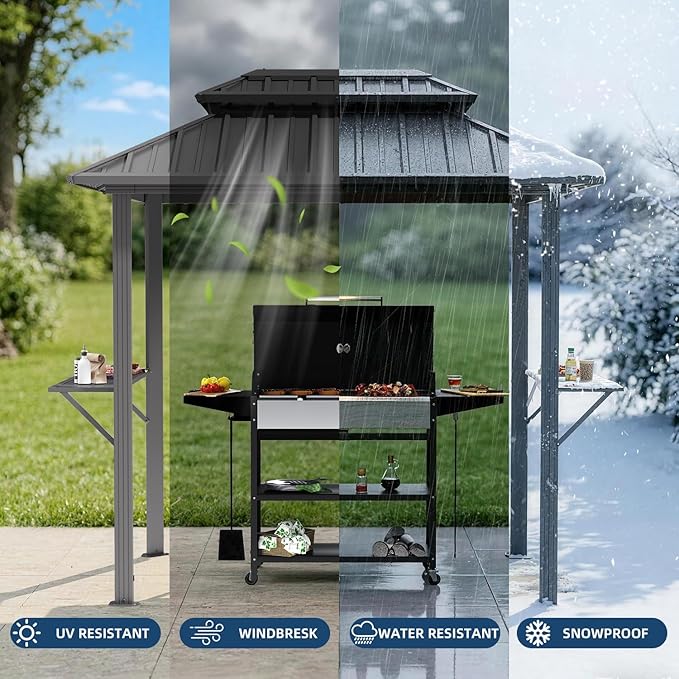 EROMMY 8' x 6' Hardtop Grill Gazebo with Galvanized Steel Double Roof, Outdoor Metal Patio BBQ Gazebo with 2 Side Shelves and Ceiling Hook for Deck Lawn Backyard Garden (Black)