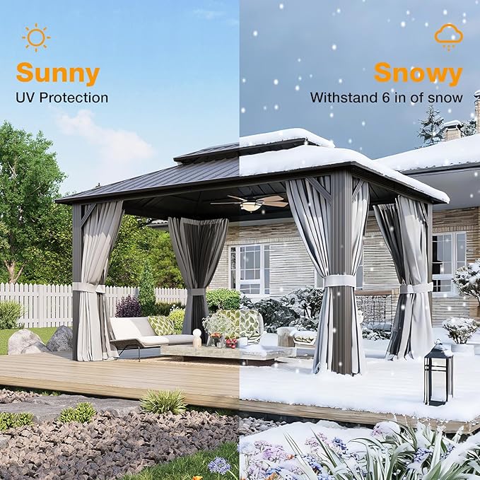 10x14FT Hardtop Gazebo, Metal Frame with Double Galvanized Steel Roof, Permanent Outdoor Pergola with Curtains and Netting Included for Backyard, Patio, Lawn and Garden, Gray