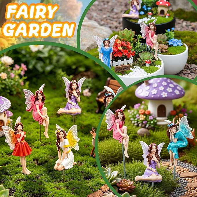 Exasinine 6 Pcs Fairy Figurines 4 Inch Colorful Fairies for Fairy Garden | 6 Hand-Painted 4-Inch Resin Fairy Figurines, Assorted Poses for Fairy Gardens, Flower Beds, Planters and Tabletop Decor