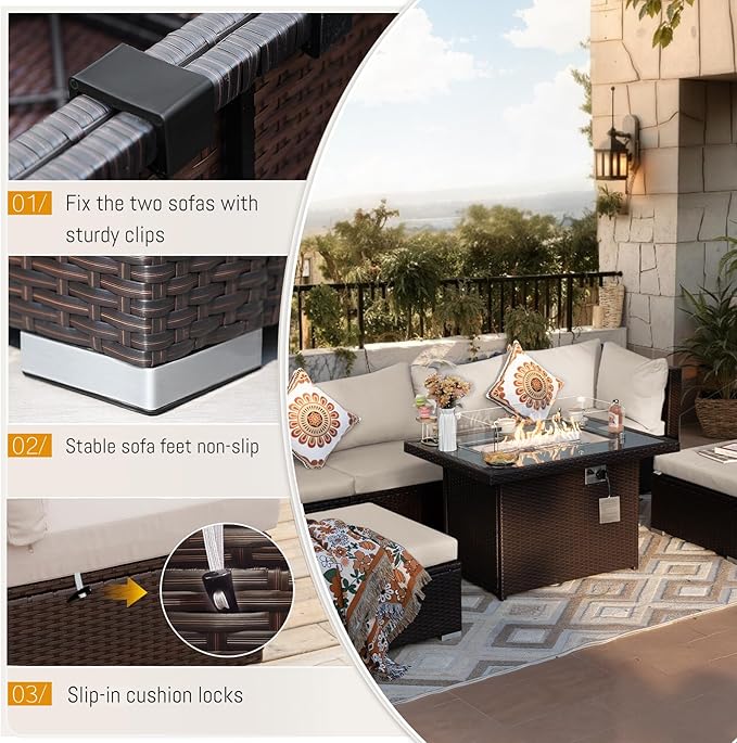 BULEXYARD 11 Piece High Back Wicker Patio Furniture Sets with Fire Pit, Luxury Plus Size Outdoor Seating Set, Comfortable Extra Wide Deep 10-Seater Sectional Couch Sofa for Outside, Brown & Beige