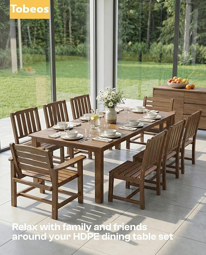 HDPE Outdoor Dining Set for 8, 9-Piece Outdoor Dining Table Set with 15FT Patio Umbrella, Patio Table and Chairs Set for Gardern Backyard