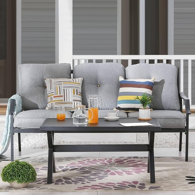 Patio Conversation Set Metal Outdoor Furniture Sets 3-Seater Sofa with Metal Coffee Table Thick Cushions (Grey)