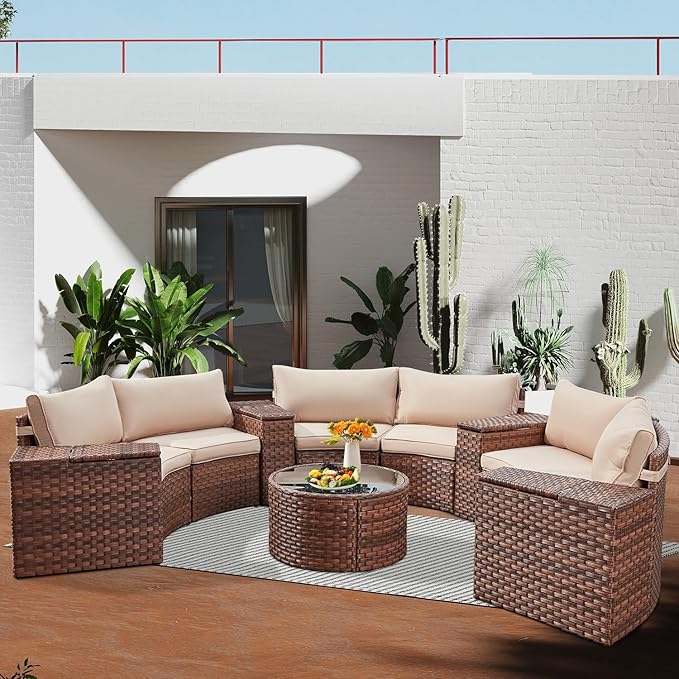ECOTOUGE Outdoor Patio Furniture, 11-Piece Half-Moon Sectional Patio Furniture Set Curved Sofa with Tempered Glass Round Coffee Table, Fit for Pool Backyard Balcony Porch Lawn(Beige/Brown)