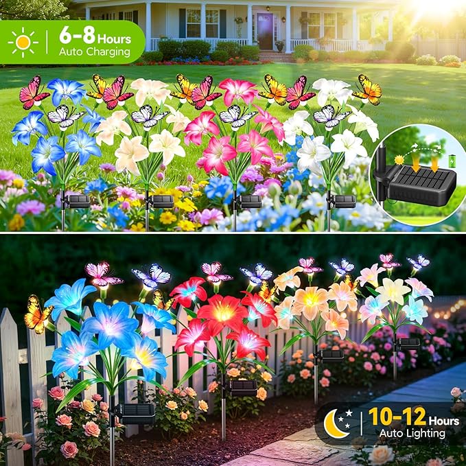 Solar Garden Lights Outdoor, 4 Pack Lily Solar Flowers with Butterfly, 32 LED 800mAh Waterproof Solar Flowers for Outside, 7 Color Changing Adjustable Stems for Yard Patio Garden Decor, Gift for Mom