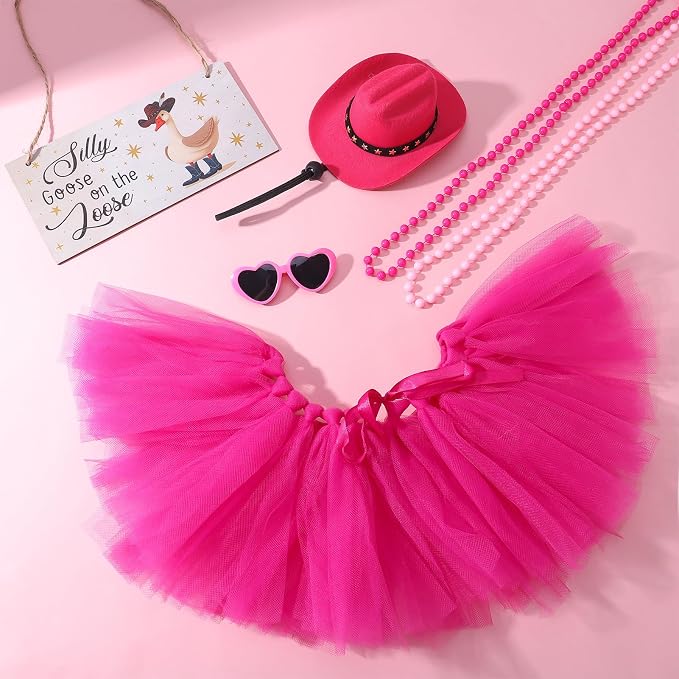6pcs Hot Pink Western Cowboy Porch Goose Outfits for 17-23 Inches | Tutu Skirt Cowboy Hat Glasses Necklaces Wooden Sign for Outdoor Garden Lawn Art Decor