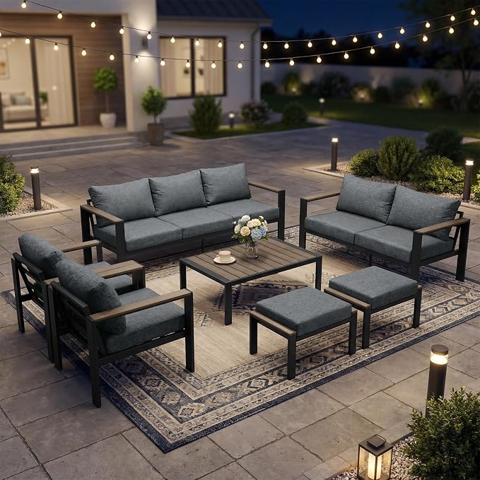 Outdoor Patio Furniture Set 9 Seats Luxury Aluminum Patio Conversation Set with Washable Thick Cushions, 7 Pieces Outdoor Sectional for Porch, Balcony, Deck, Yard, Gray
