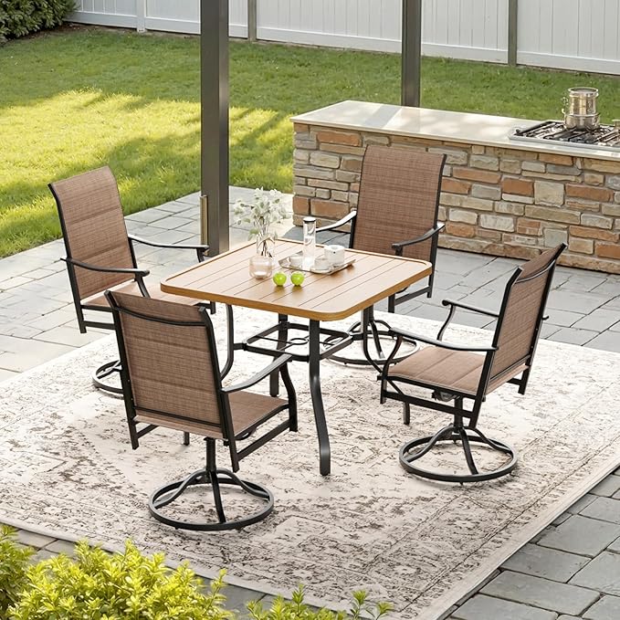 Soohow Patio Dining Set for 4, 5-Piece Outdoor Dining Set 4 x Swivel Patio Chairs and 35"x35" Outdoor Dining Table with 1.57" Umbrella Hole, Wood-Like, for Poolside, Backyard