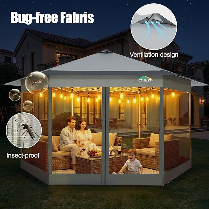 COBIZI 16x16 Pop Up Gazebo Tent with Mosquito Netting, Gazebos on Clearance, Hexagonal Outdoor Canopy Shelter, Patented Center Lock 6-Sided Portable Gazebos, Pop Up Canopy Tent for Backyard, White