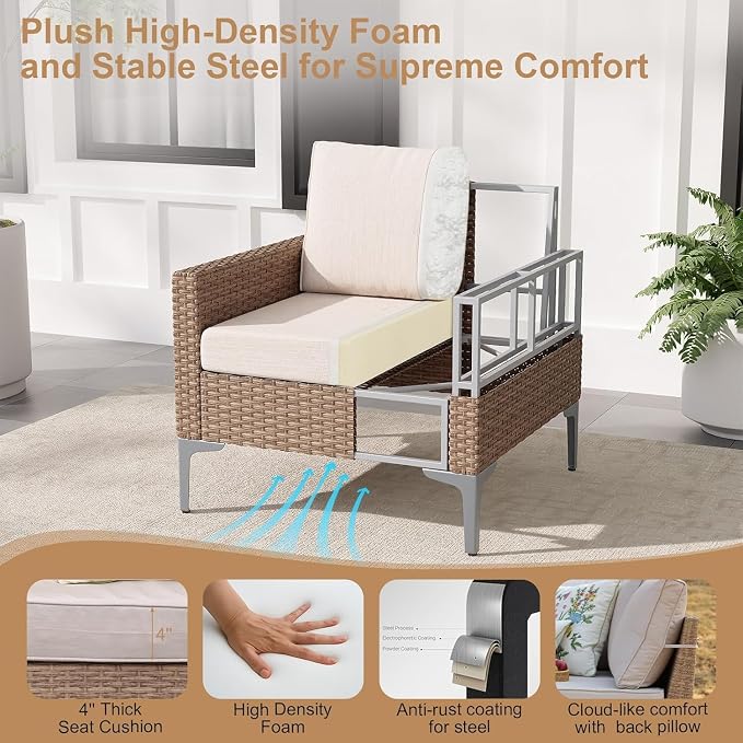4 Piece Patio Furniture Set, Wicker Modular Outdoor Furniture with Thicker Cushions, Outdoor Couch Sofa for Garden, Poolside, Backyard, Beige