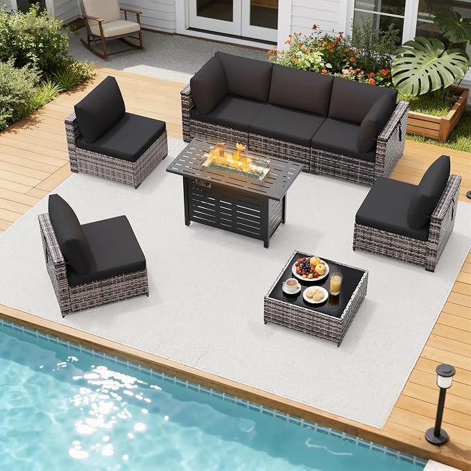 LOUVIXA 8 Piece Outdoor Patio Furniture Set, Outdoor Sectional Sofa with Firepit Table, Wicker Rattan Patio Furniture, Patio Conversation Set with Coffee Table & Cushions