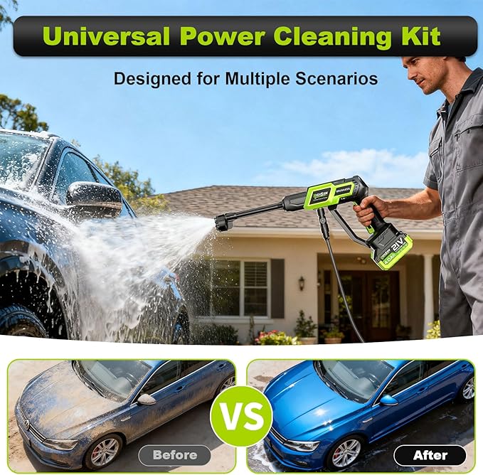 Highsam Cordless Handheld Washer,1500PSI Brushless Portable Cleaning Tool | 2×4000mAh Batteries,6-in-1+Rotating Nozzle, Foam Cannon,Battery Operated Washer with 16.4FT Hose for Car Home Patio Garden