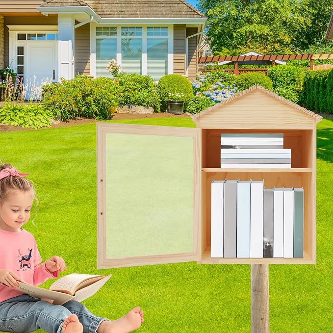 Outdoor Library Box, 15.74x11x23inch Wood Literature Exchange Box DIY Little Wood Cabinet with Shelf for Outside Neighborhoods Community and Schools Sharing Books Literature (Gable Roof)