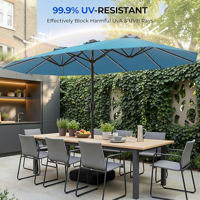 HOMSHADE Double Sided Patio Umbrellas with Base - 15ft RGB Multi-Color Flowing LED Lights Outdoor Extra Large Market Table Umbrella w/Stand, Oversized Umbrella for Deck, Pool, Backyard,Light Blue
