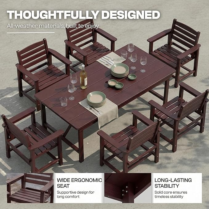 Outdoor HDPE Dining Set 5 Pieces, Patio Table with Umbrella Hole and 4 Chairs, All Weather Patio Furniture for Lawn, Garden, Backyard, Deck, Poolside, Outdoor Dining Table and Chairs, Coffee