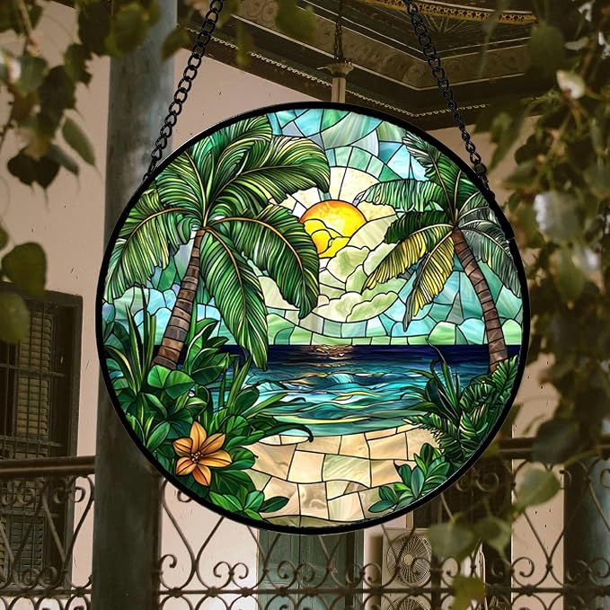 DASTOLL Stained Glass Window Hanging, Green Beach Scenery Suncatcher Diamond Glass Panel Hangings Sun Catchers Decor for Birthday for Women, Men, Wife, Aunt, and Mom 14.9x14.9 in
