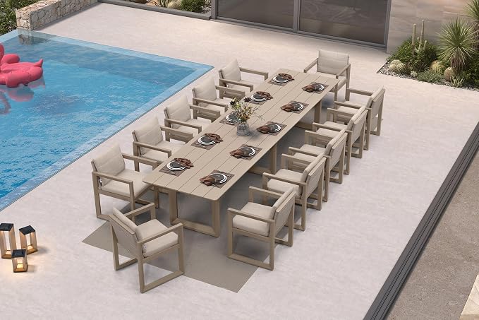 PURPLE LEAF Outdoor Dining Set for 12 Aluminum Oversize Patio Furniture Table and Chairs Set with All Weather Thick Cushion Rectangular Patio Dining Sets for Large Backyard Garden Poolside, Khaki